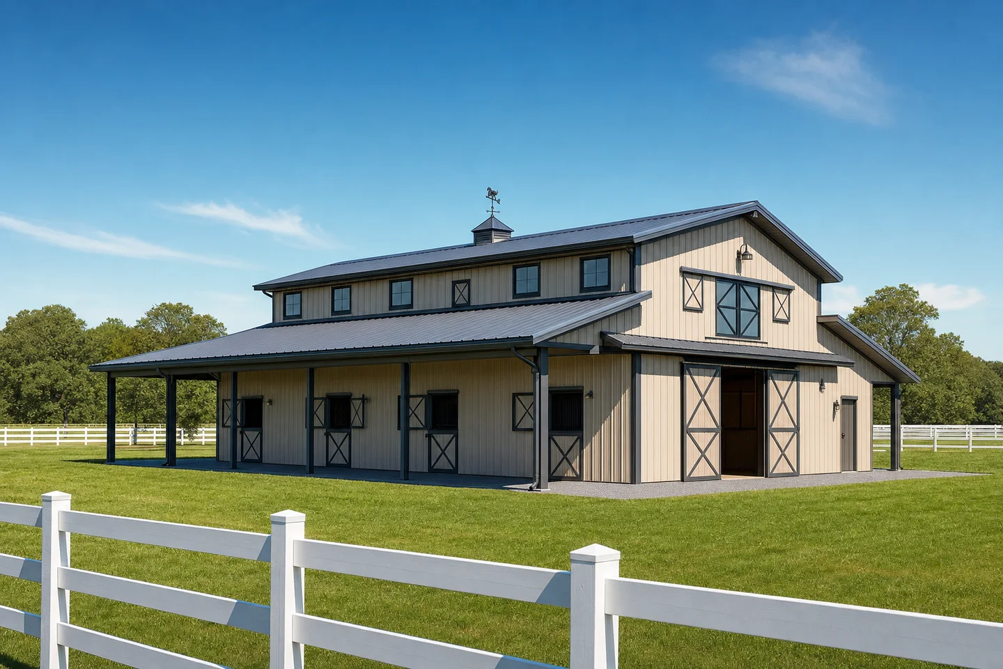 Illustrative steel barn with a raised center section