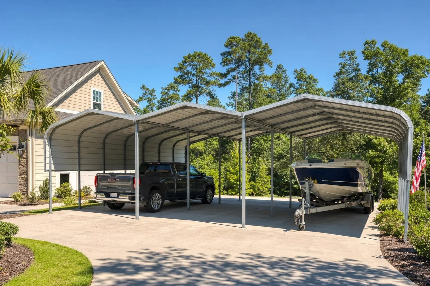 Open-sided steel carport providing covered vehicle space