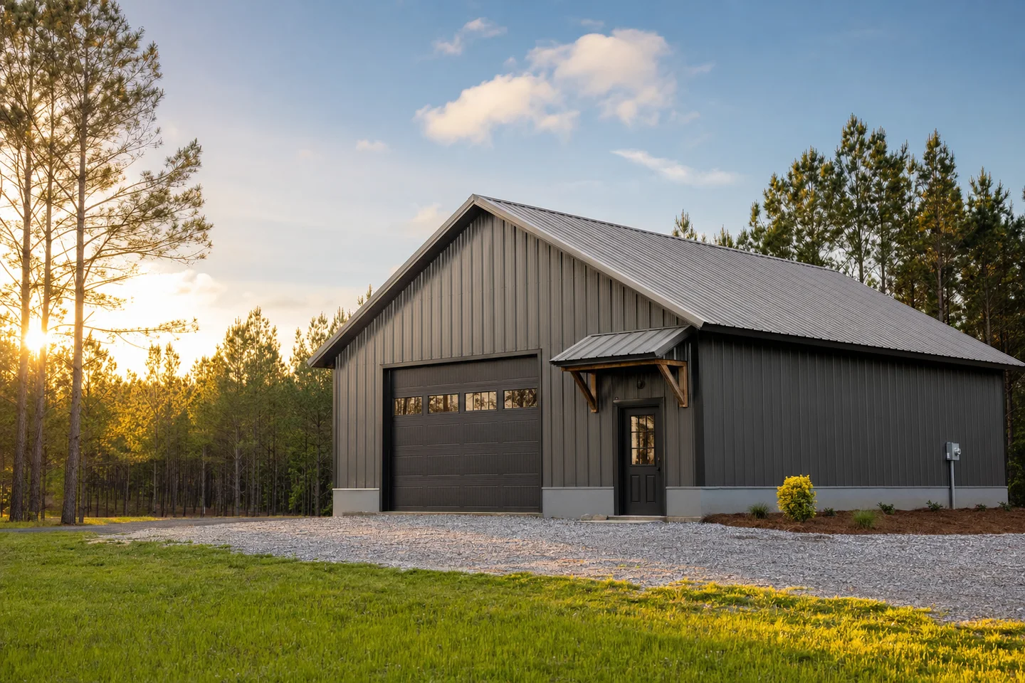 Illustrative steel garage with enclosed vehicle bays